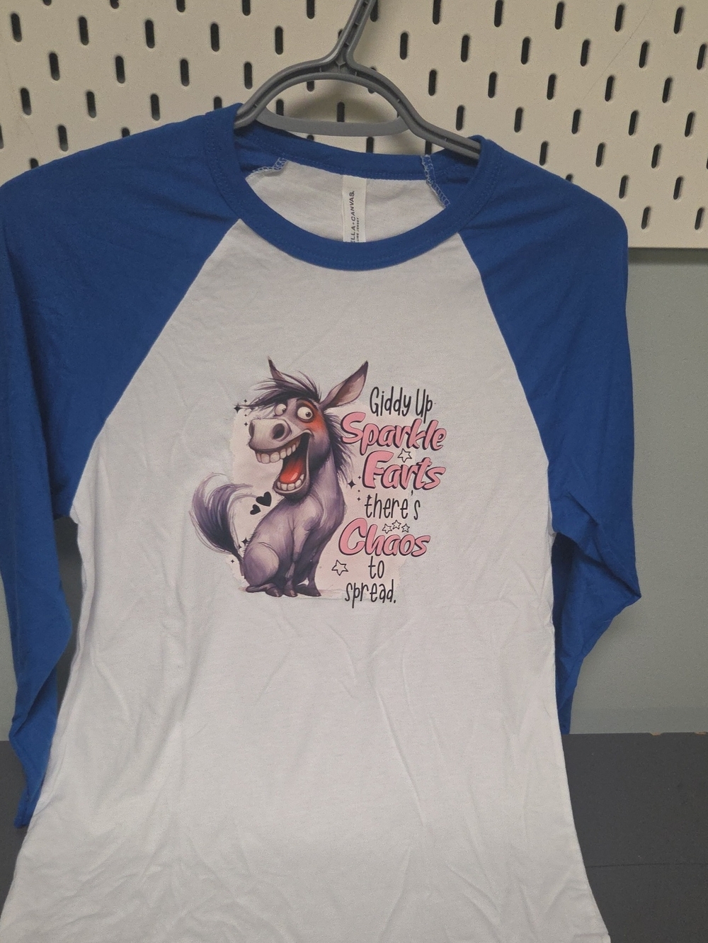 Bella Canvas White & Blue Raglan Tee with Donkey Graphic